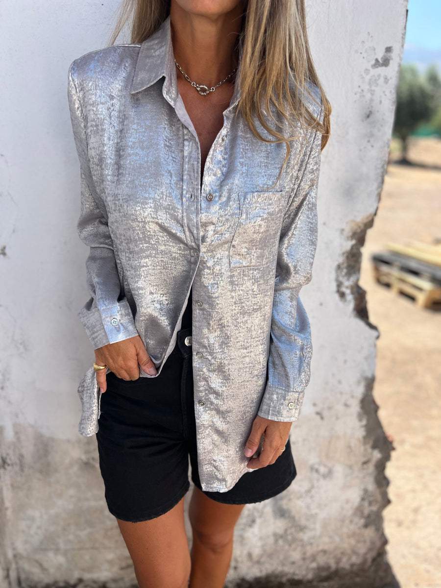 Metallene Damenbluse mit Kragen - Image 4
