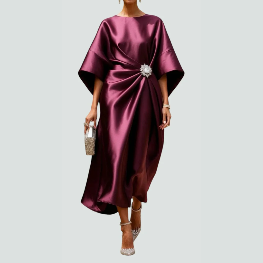 Michaela | Damen Drapiertes Fledermausärmel Midi Kleid - Image 2