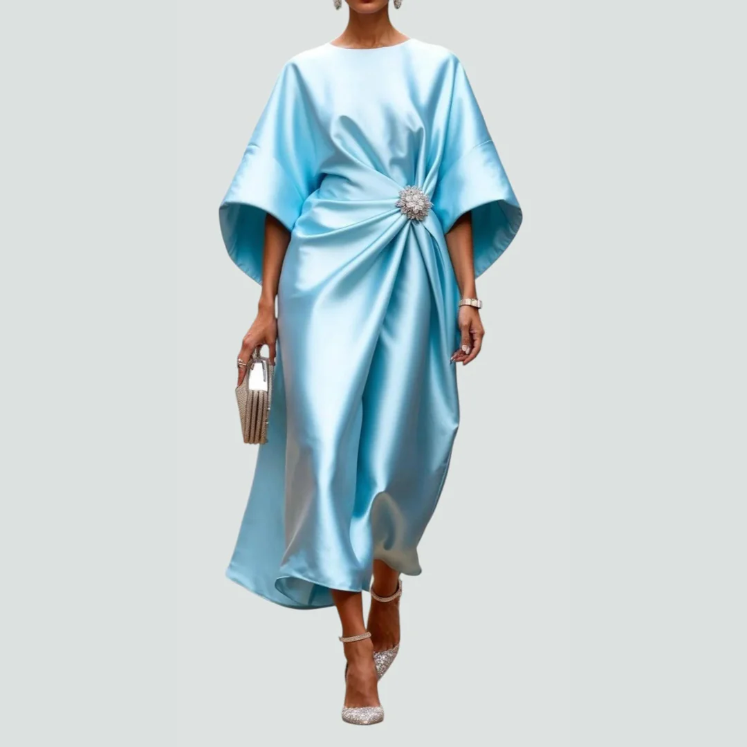 Michaela | Damen Drapiertes Fledermausärmel Midi Kleid - Image 3