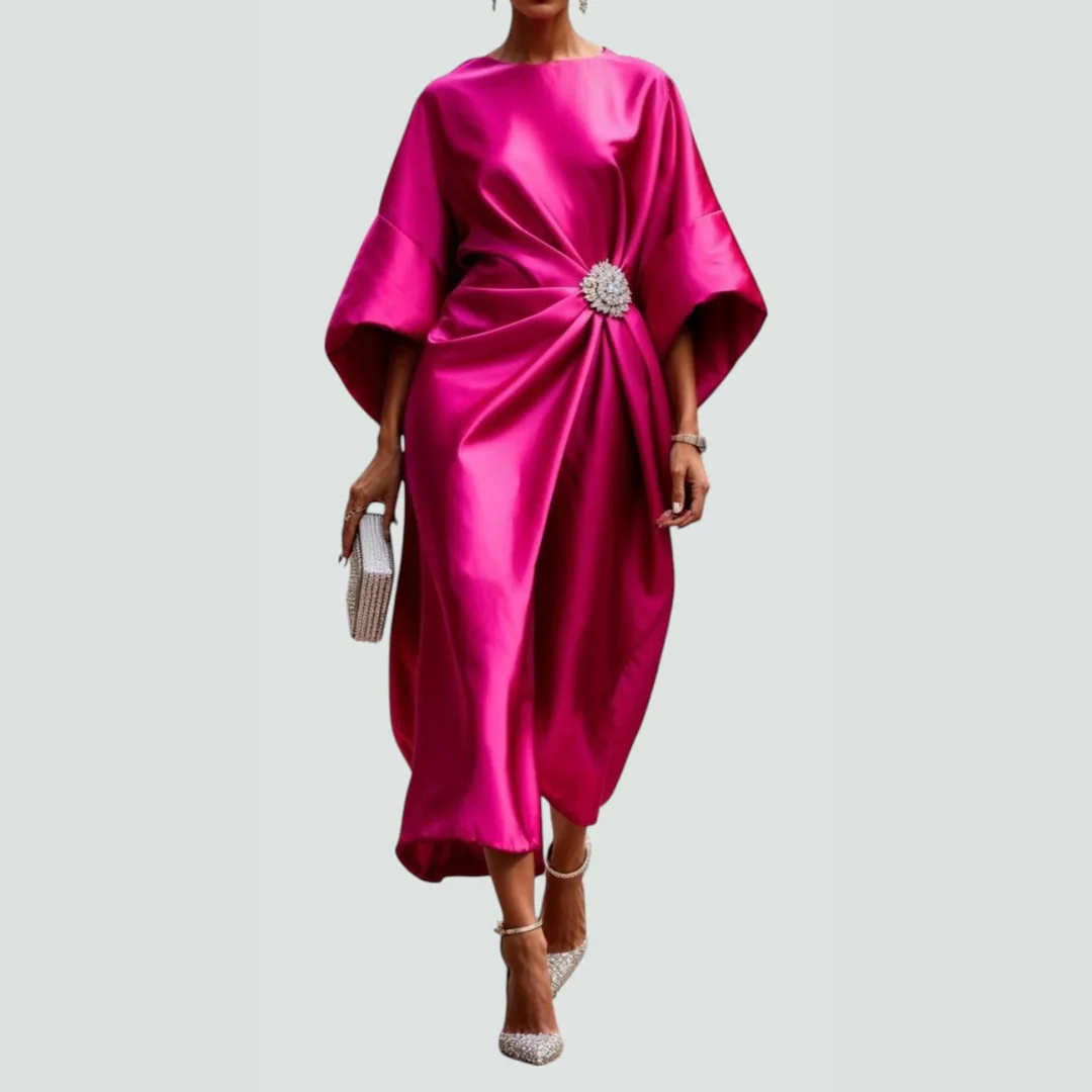 Michaela | Damen Drapiertes Fledermausärmel Midi Kleid - Image 4
