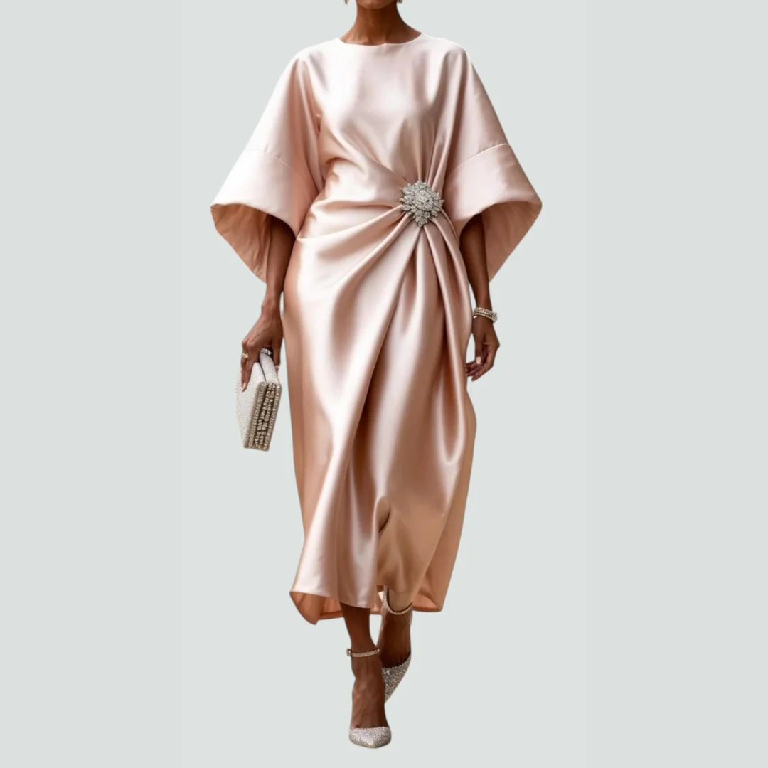Michaela | Damen Drapiertes Fledermausärmel Midi Kleid - Image 5
