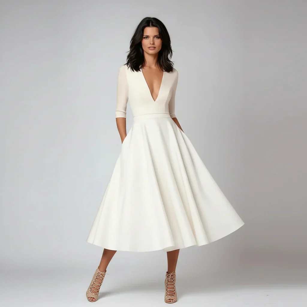 Jana | Damen Midi Kleid V-Ausschnitt 3/4-Ärmel Taschen – A-Linie Midi Kleid 2026 - Image 2