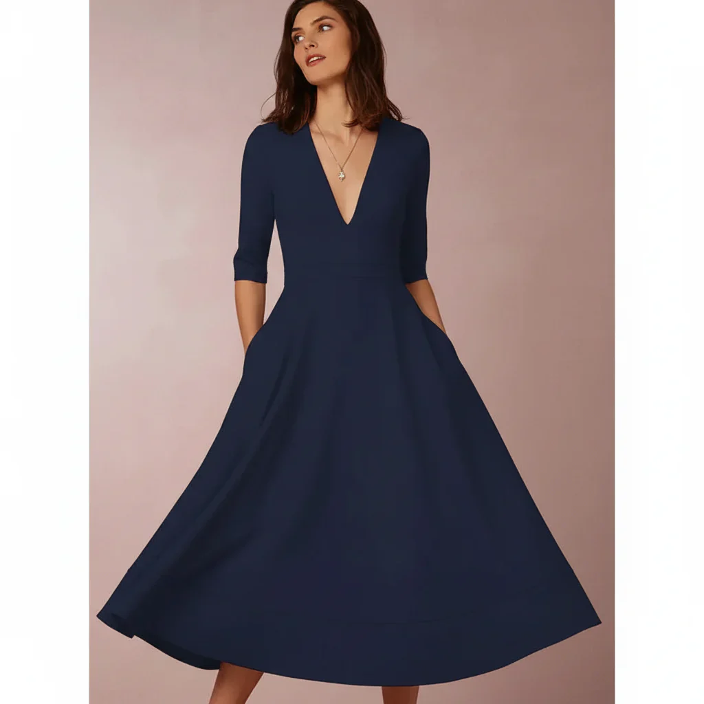 Jana | Damen Midi Kleid V-Ausschnitt 3/4-Ärmel Taschen – A-Linie Midi Kleid 2026 - Image 6