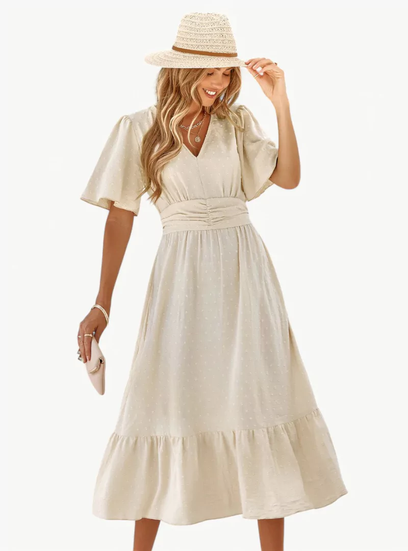 Midi-Sommerkleid mit V-Ausschnitt und Taillenbetonung – Locker & Feminin - Image 3