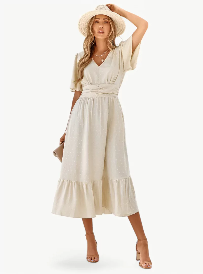 Midi-Sommerkleid mit V-Ausschnitt und Taillenbetonung – Locker & Feminin - Image 6