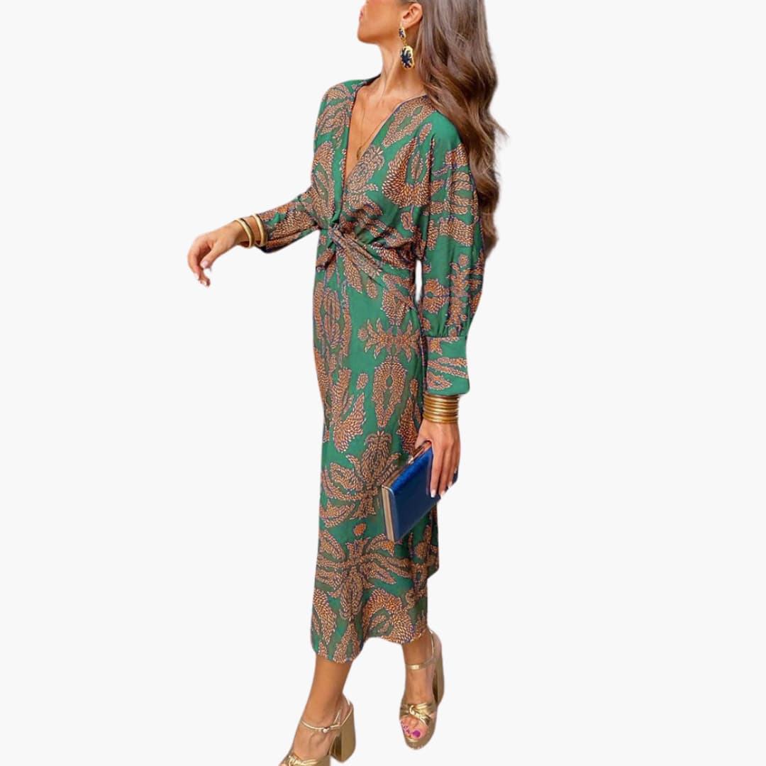 Midikleid für Damen - Blumenmuster, Langarm & V-Ausschnitt - Image 3