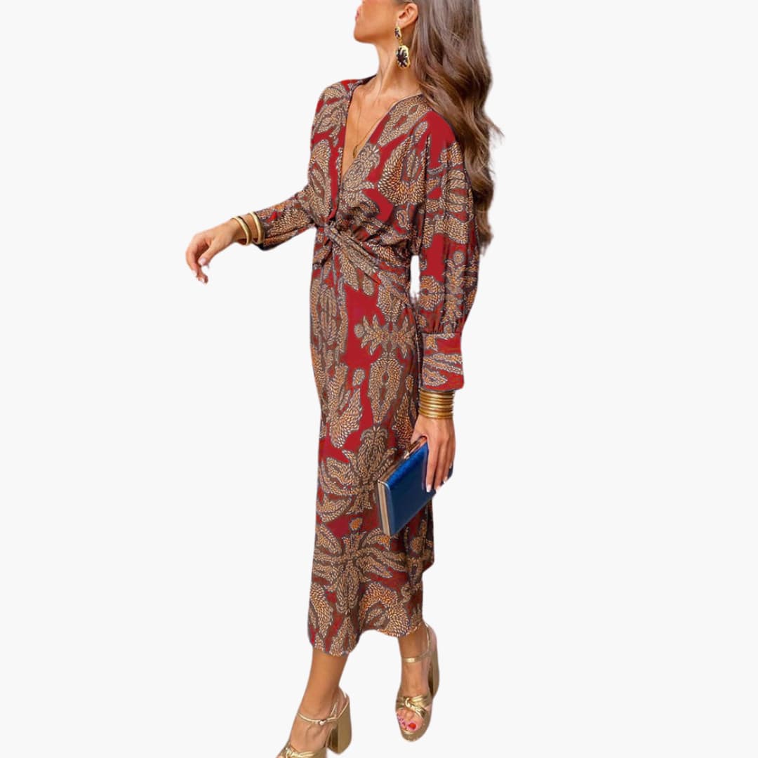 Midikleid für Damen - Blumenmuster, Langarm & V-Ausschnitt - Image 4