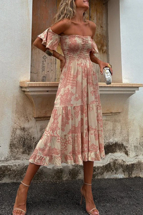 Midikleid mit Schulterausschnitten und romantischem Druck – Pitaya - Image 2