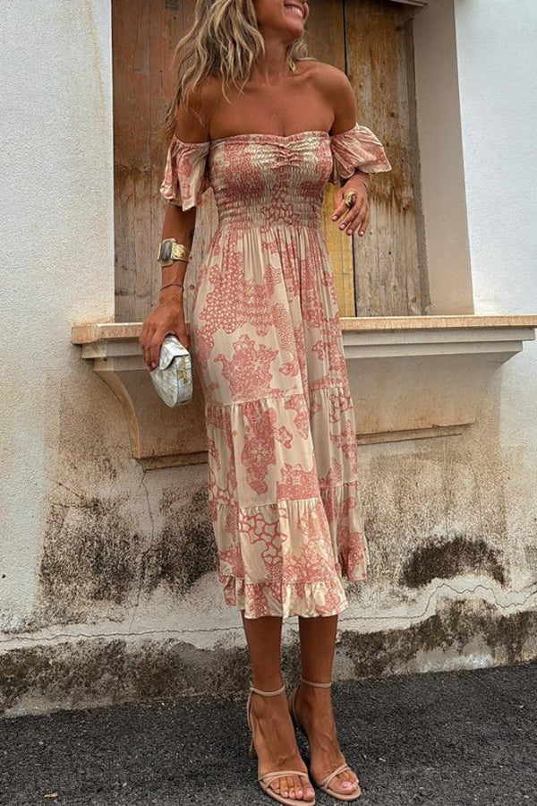 Midikleid mit Schulterausschnitten und romantischem Druck – Pitaya - Image 3