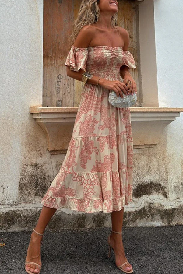 Midikleid mit Schulterausschnitten und romantischem Druck – Pitaya - Image 4