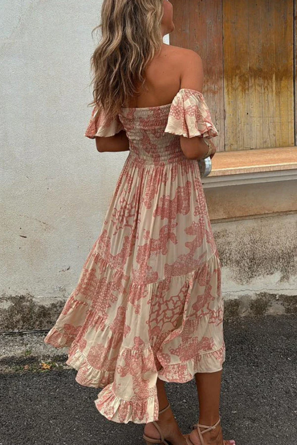Midikleid mit Schulterausschnitten und romantischem Druck – Pitaya - Image 5