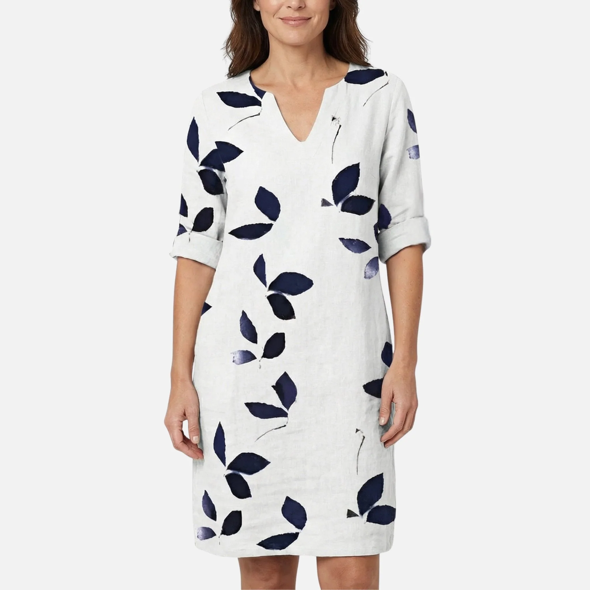 Ingeborg | Damen Midikleid V-Ausschnitt 3/4-Ärmel Blättermuster – Blätter Midi Kleid - Image 2