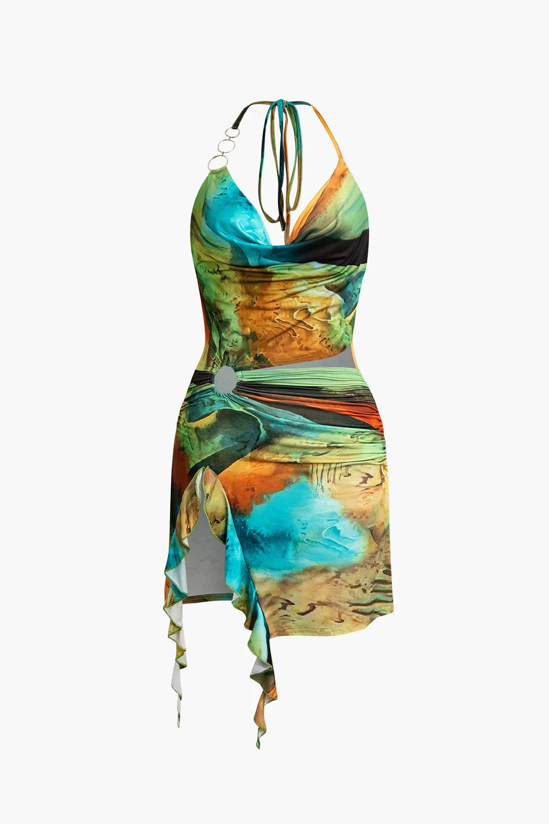 Mira | Asymmetrischer Seitenschlitz Neckholder-Minikleid mit Kunstdruck - Image 11