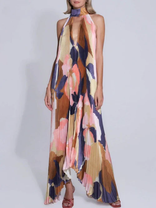 Mirelda – Neckholder-Maxikleid mit abstraktem Print und Plissee - Image 2