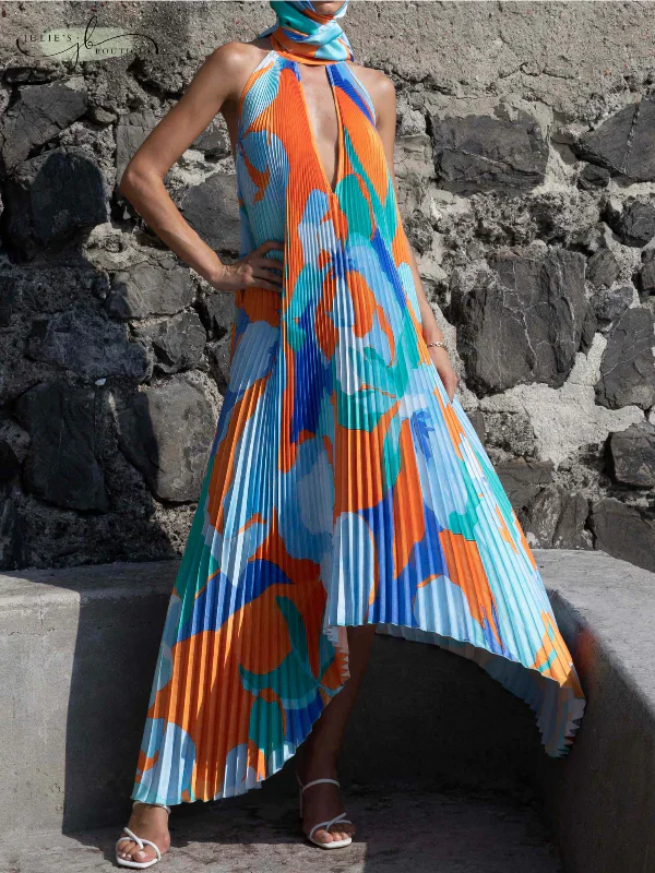 Mirelda – Neckholder-Maxikleid mit abstraktem Print und Plissee - Image 4