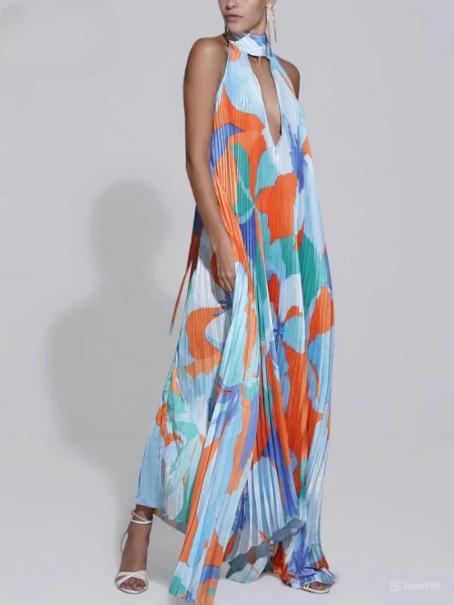 Mirelda – Neckholder-Maxikleid mit abstraktem Print und Plissee - Image 5