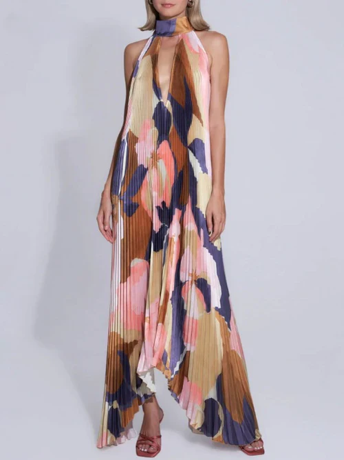 Mirelda – Neckholder-Maxikleid mit abstraktem Print und Plissee - Image 6
