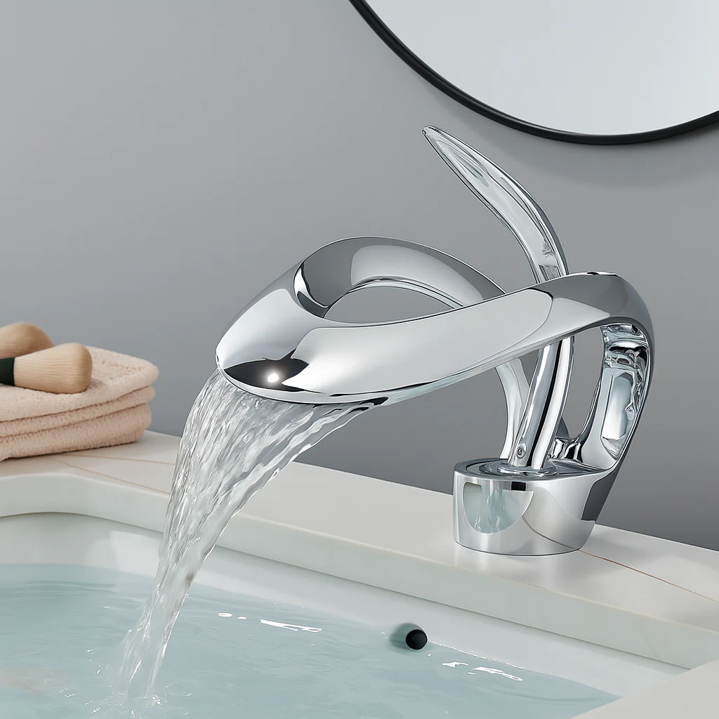 Moderner Wasserfall-Badezimmerhahn – Chrom-Einhebel-Waschtischhahn mit skulpturalem Design - Image 2