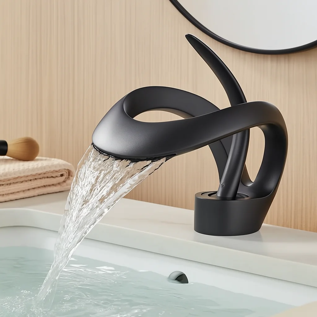 Moderner Wasserfall-Badezimmerhahn – Chrom-Einhebel-Waschtischhahn mit skulpturalem Design - Image 3