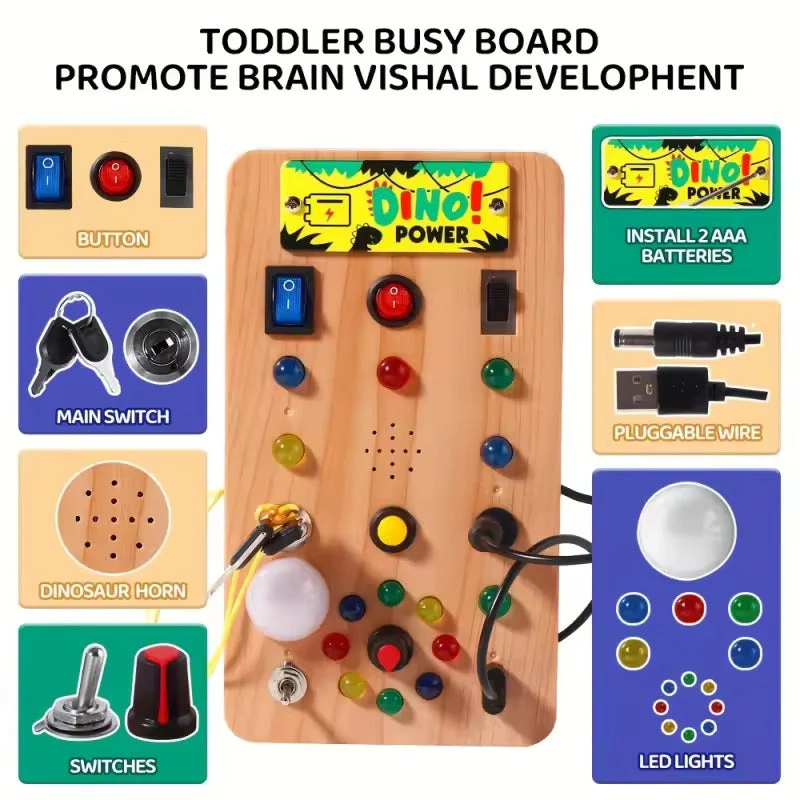 Montessori-LED-Aktivitätstafel aus Holz – Lernspielzeug für Kleinkinder mit 15 Lichtern und 9 interaktiven Schaltern - Image 3