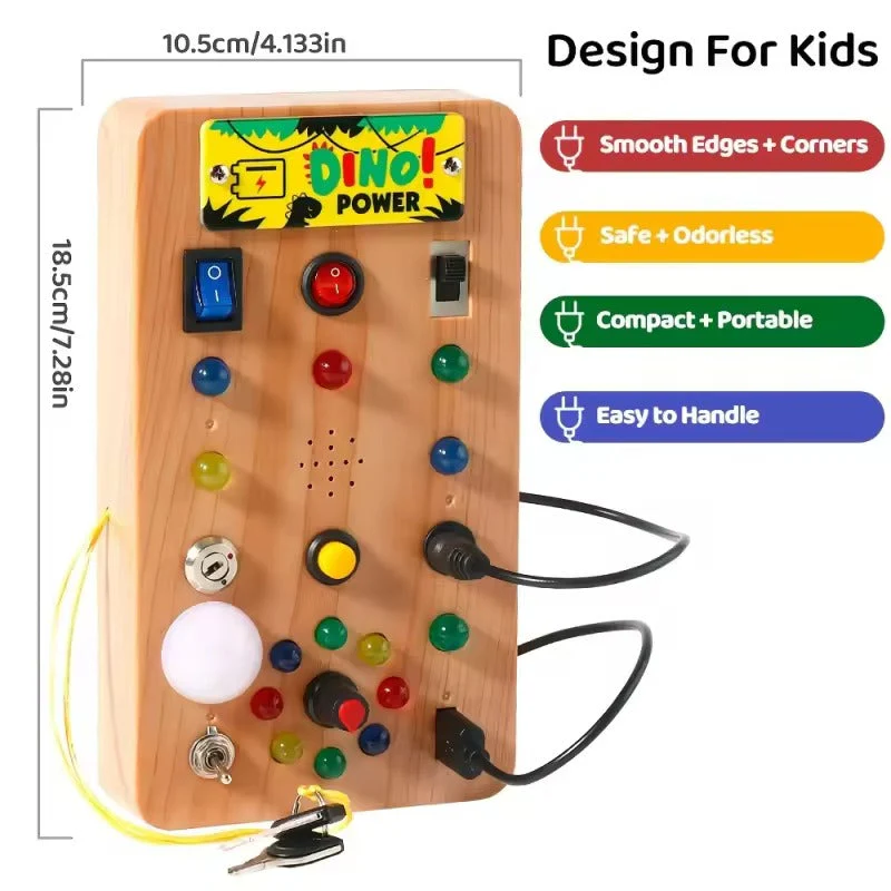 Montessori-LED-Aktivitätstafel aus Holz – Lernspielzeug für Kleinkinder mit 15 Lichtern und 9 interaktiven Schaltern - Image 4