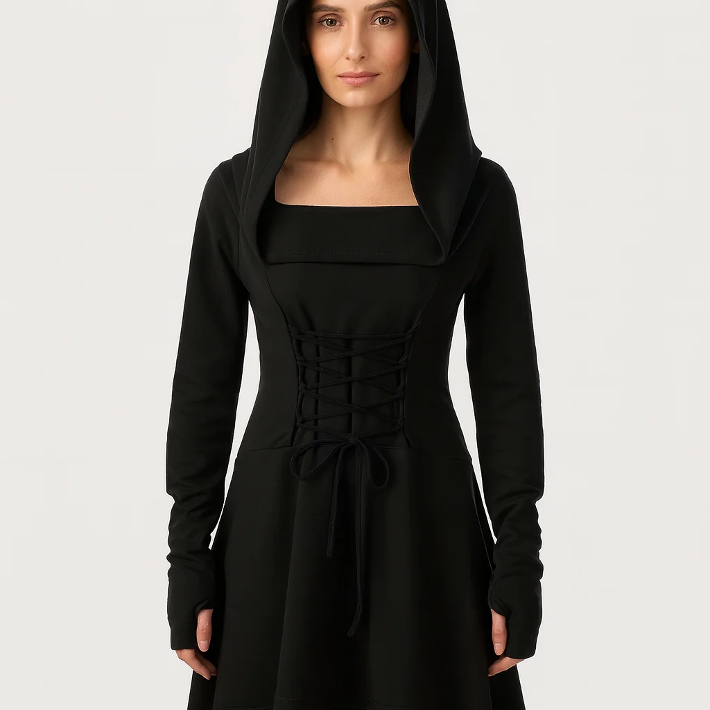 MoonShadow Gothic Kleid – Damen Cosplay Kleid mit Kapuze & Ärmeln - Image 3