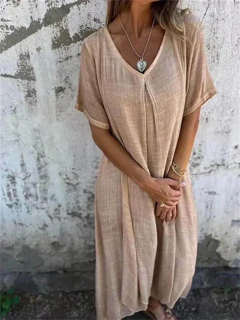 Nadine- Leinen V-ausschnitt Midi Kleid - Image 7