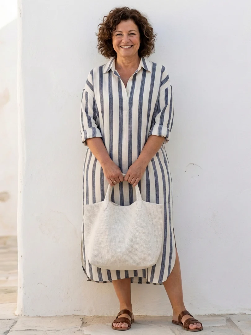 Naomi | Damen Hemdblusenkleid Gestreift Langarm Casual - Image 2