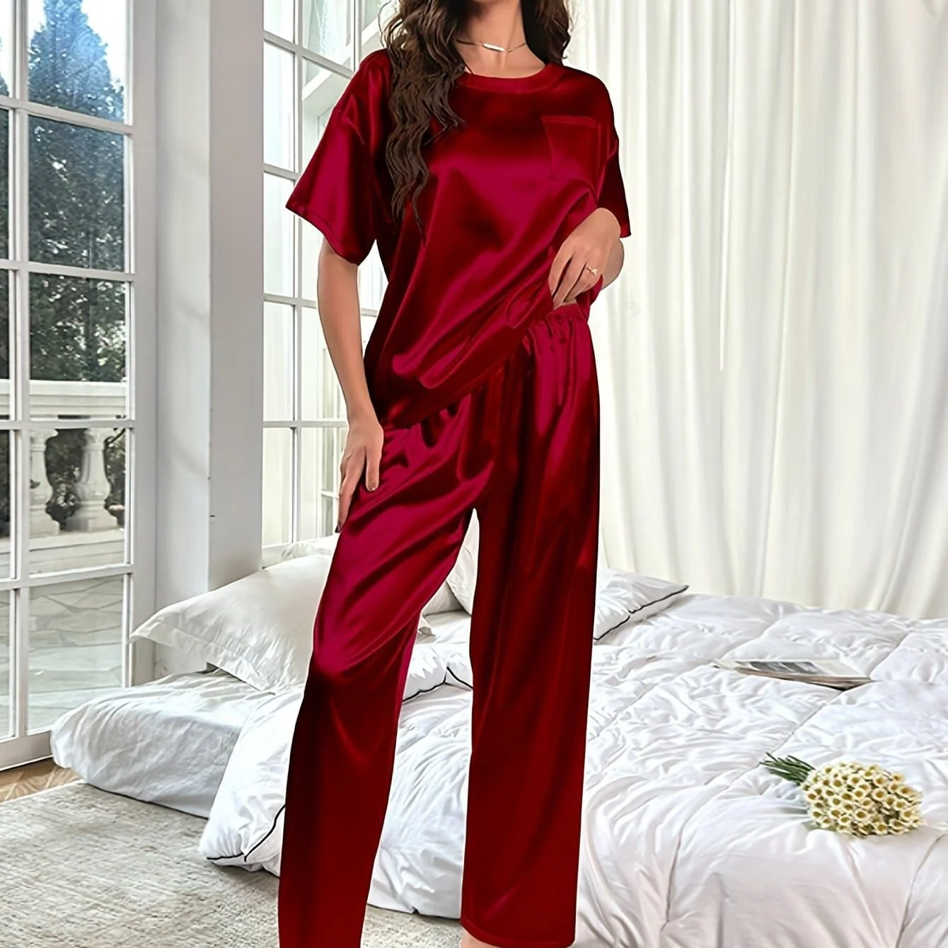 Naomi | Satin-Kurzarmbluse & lange Hose - Image 8