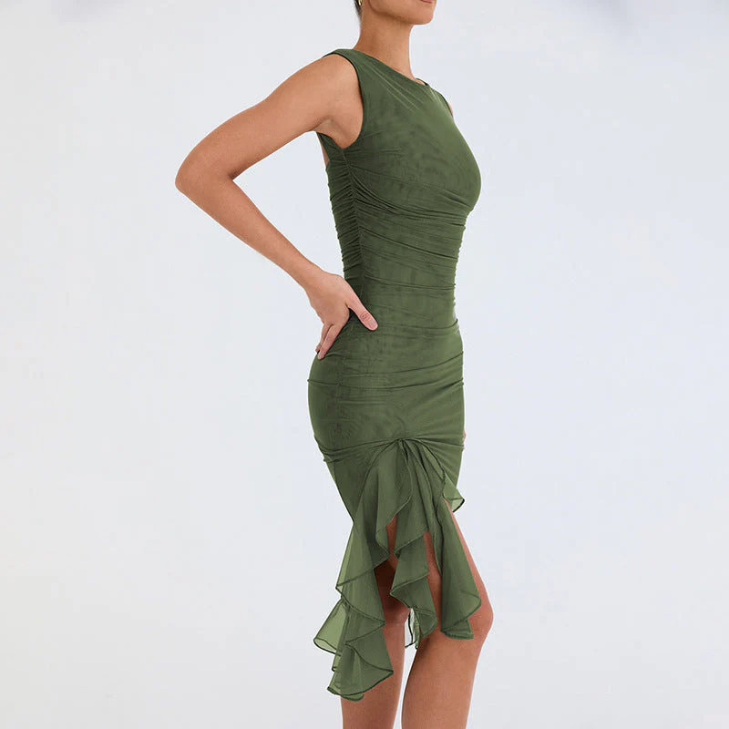 Nelia | Knielanges Kleid mit gerüschtem Schlitz - Image 2