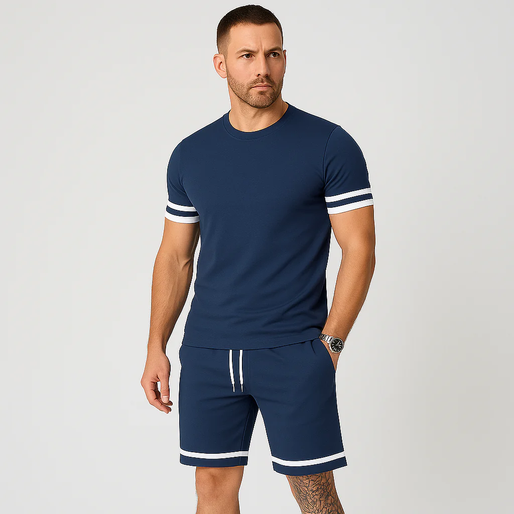 Neues lässiges 2-teiliges Herren-Set – Kurzarm-T-Shirt mit Rundhalsausschnitt und Shorts mit Kordelzug in Unifarbe - Image 4