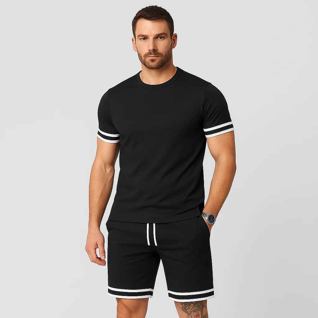 Neues lässiges 2-teiliges Herren-Set – Kurzarm-T-Shirt mit Rundhalsausschnitt und Shorts mit Kordelzug in Unifarbe - Image 5