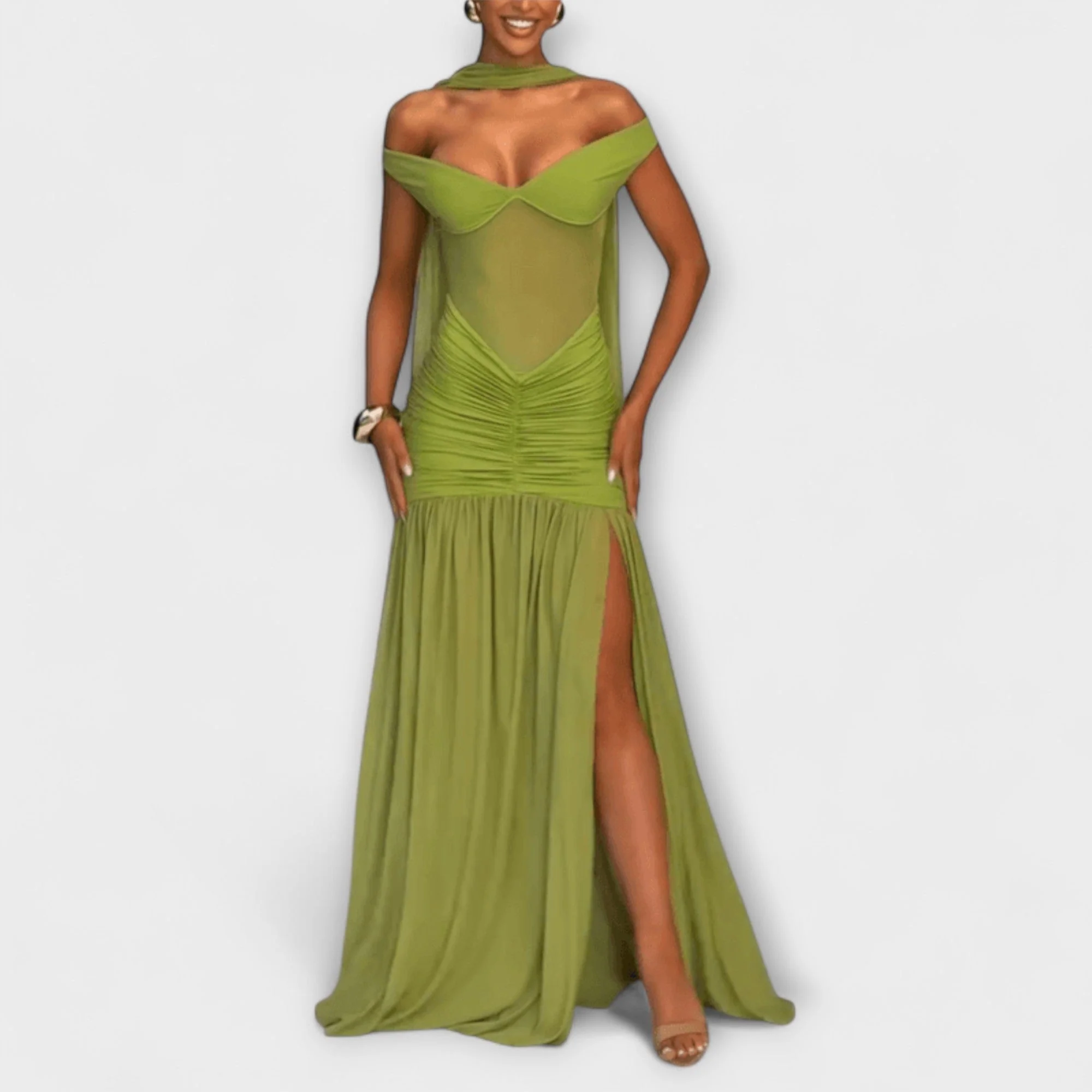 Nicole - Olivgrünes Maxikleid mit V-Ausschnitt - Image 3