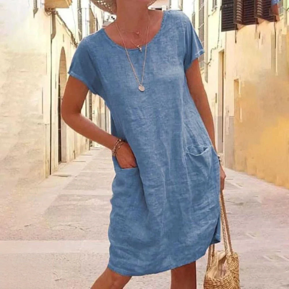 Nicolette- Leinen Tunikakleid Kurzarm Sommerkleid mit Taschen - Image 2
