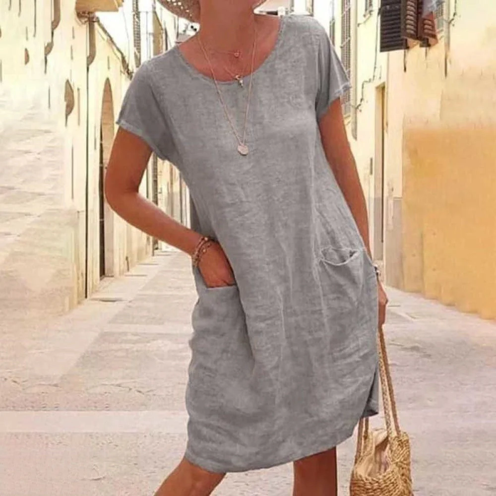 Nicolette- Leinen Tunikakleid Kurzarm Sommerkleid mit Taschen - Image 3