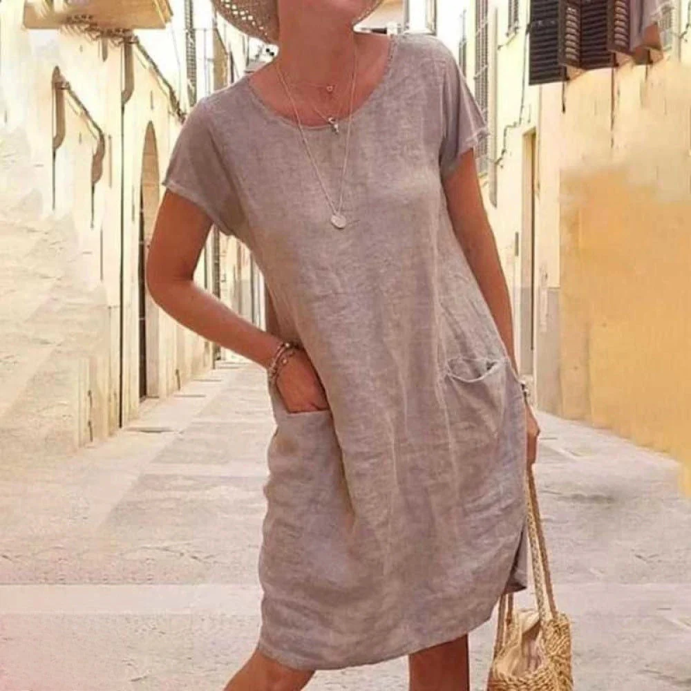 Nicolette- Leinen Tunikakleid Kurzarm Sommerkleid mit Taschen - Image 4