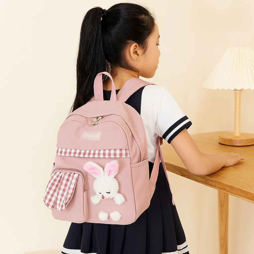 Niedlicher Cartoon-Mini-Rucksack für Mädchen – Faltbare, leichte Reisetasche mit rosa Häschen- und blauem Panda-Design - Image 2