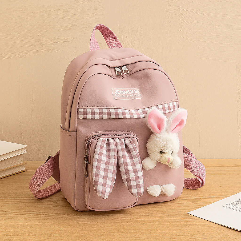 Niedlicher Cartoon-Mini-Rucksack für Mädchen – Faltbare, leichte Reisetasche mit rosa Häschen- und blauem Panda-Design - Image 3