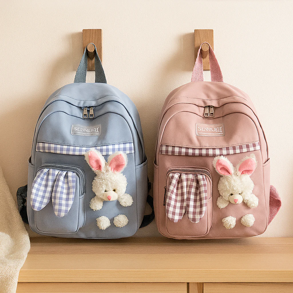 Niedlicher Cartoon-Mini-Rucksack für Mädchen – Faltbare, leichte Reisetasche mit rosa Häschen- und blauem Panda-Design - Image 4