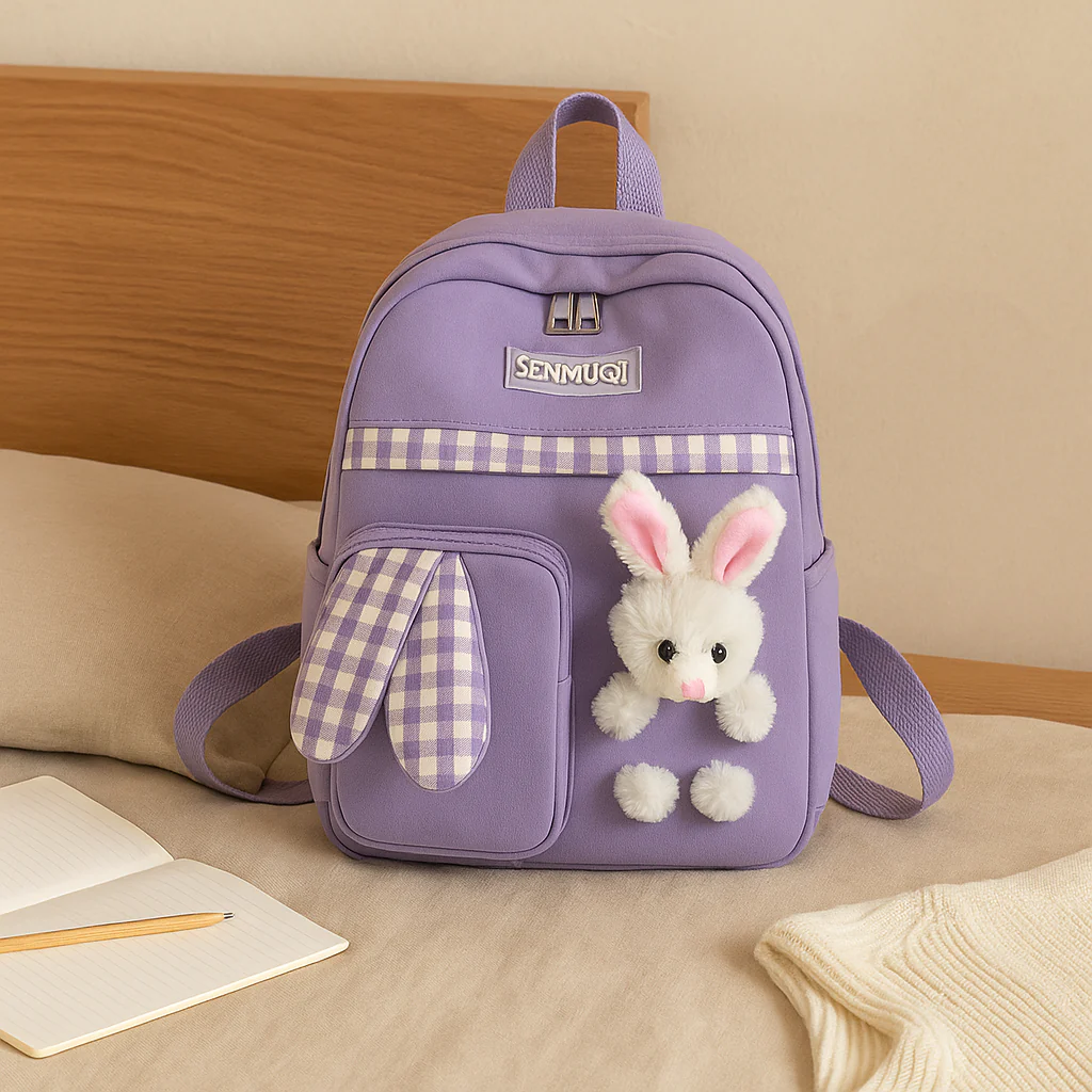 Niedlicher Cartoon-Mini-Rucksack für Mädchen – Faltbare, leichte Reisetasche mit rosa Häschen- und blauem Panda-Design - Image 5