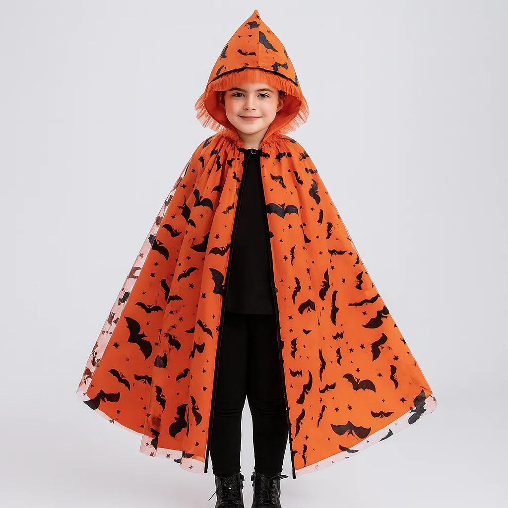 Noctira | Vintage-Halloween-Kapuzenumhang mit Spinnennetz- und Fledermaus-Print - Image 3