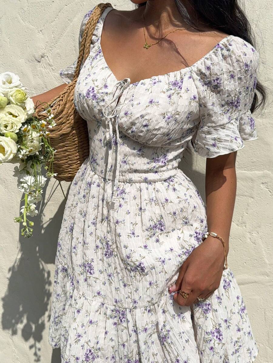 Nora – Blaues Blumenkleid Damen Kurzarm Sommer Urlaub Lässig - Image 2