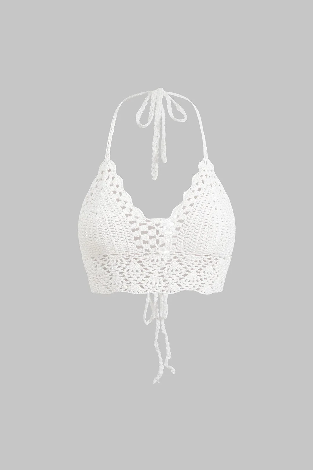 Nora | Weiß Handgehäkeltes Boho-Crop-Top mit Neckholder & verstellbaren Bindebändern - Image 5