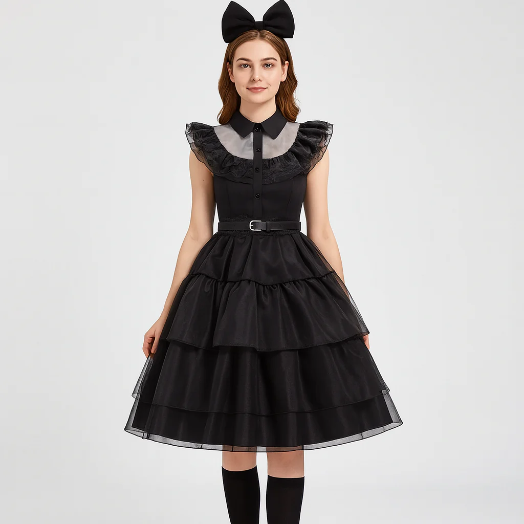 Nythera | Gothic Cosplay Netzkleid mit Lagenkragen - Image 2
