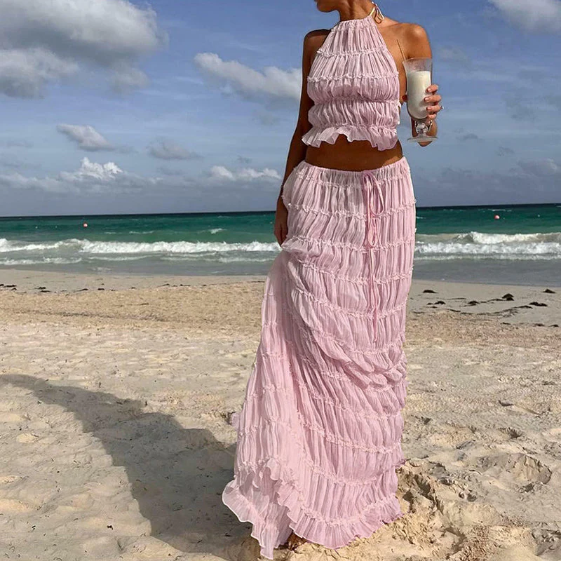 Odalys™ | Boho gerafftes Halter Rückenausschnitt Maxi Set - Image 8