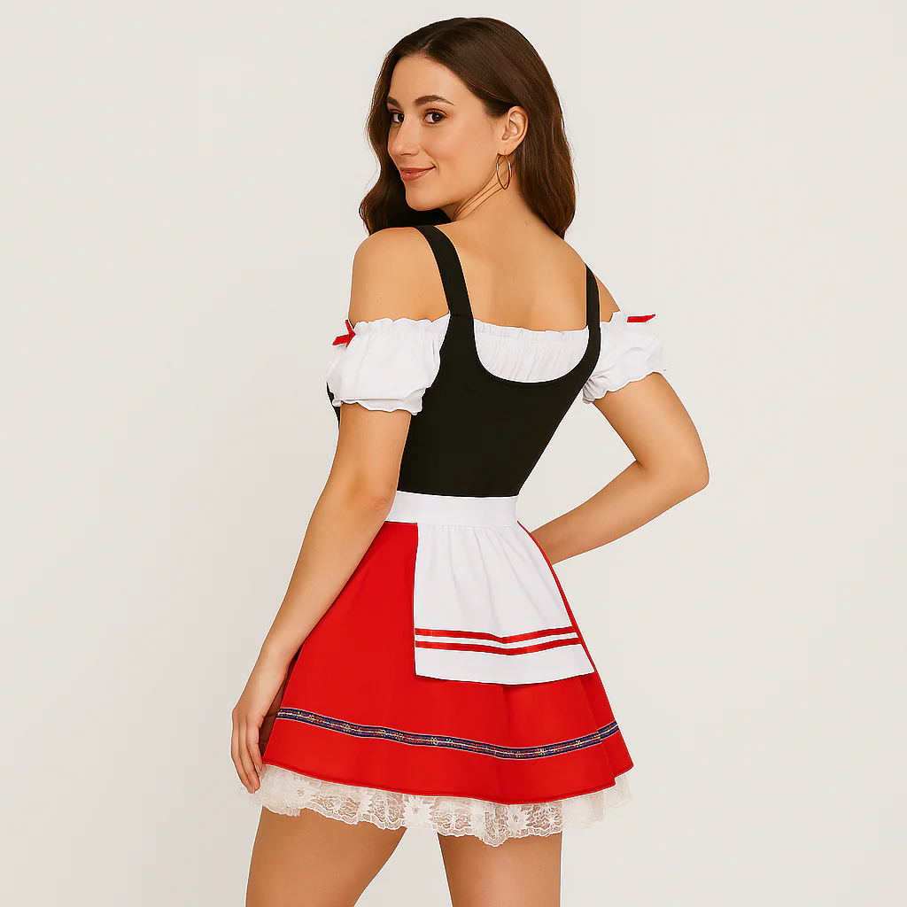 Oktoberfest Dirndl Damen – Elegantes Schwarz-Rotes Kleid mit Spitze & Rüschen - Image 2