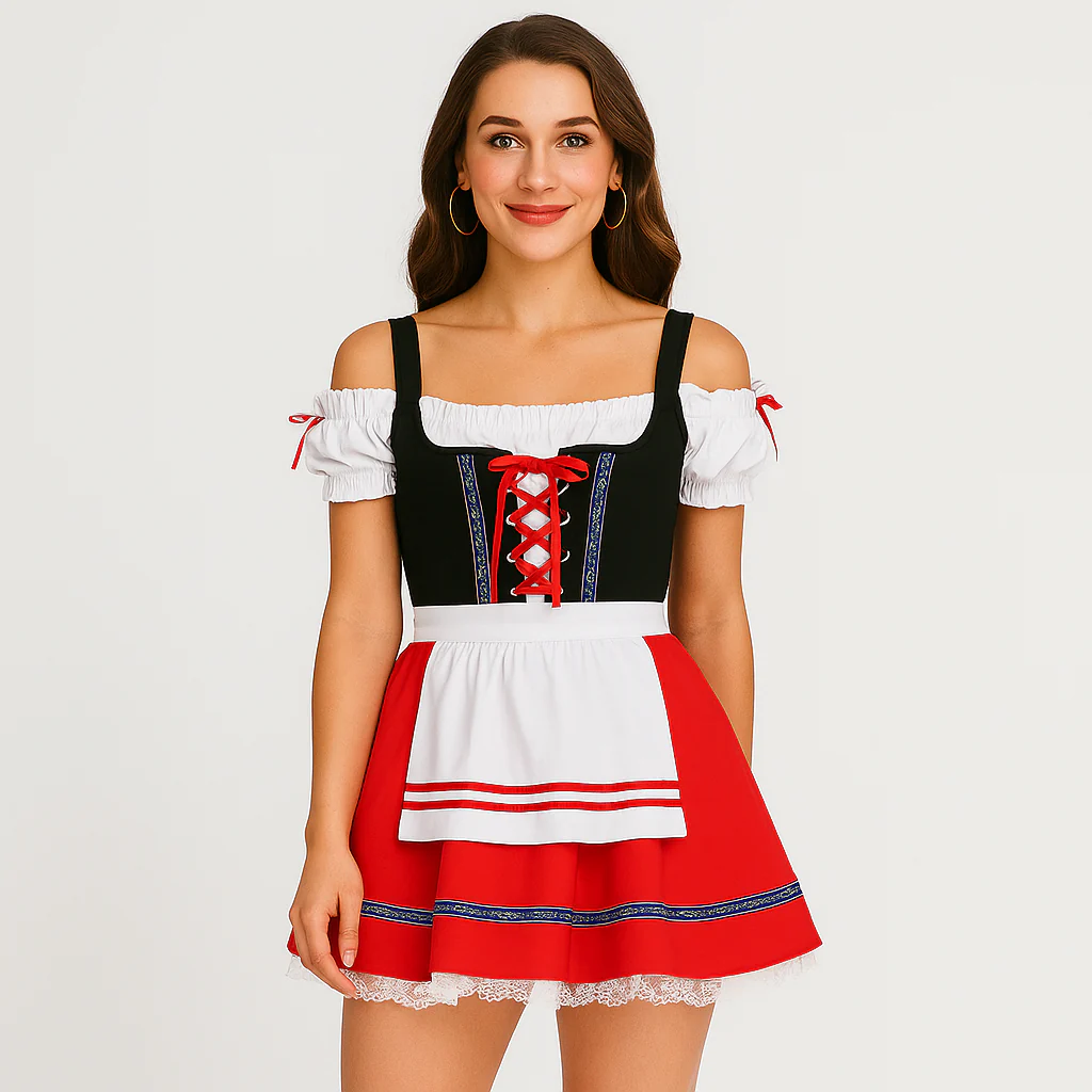 Oktoberfest Dirndl Damen – Elegantes Schwarz-Rotes Kleid mit Spitze & Rüschen - Image 3