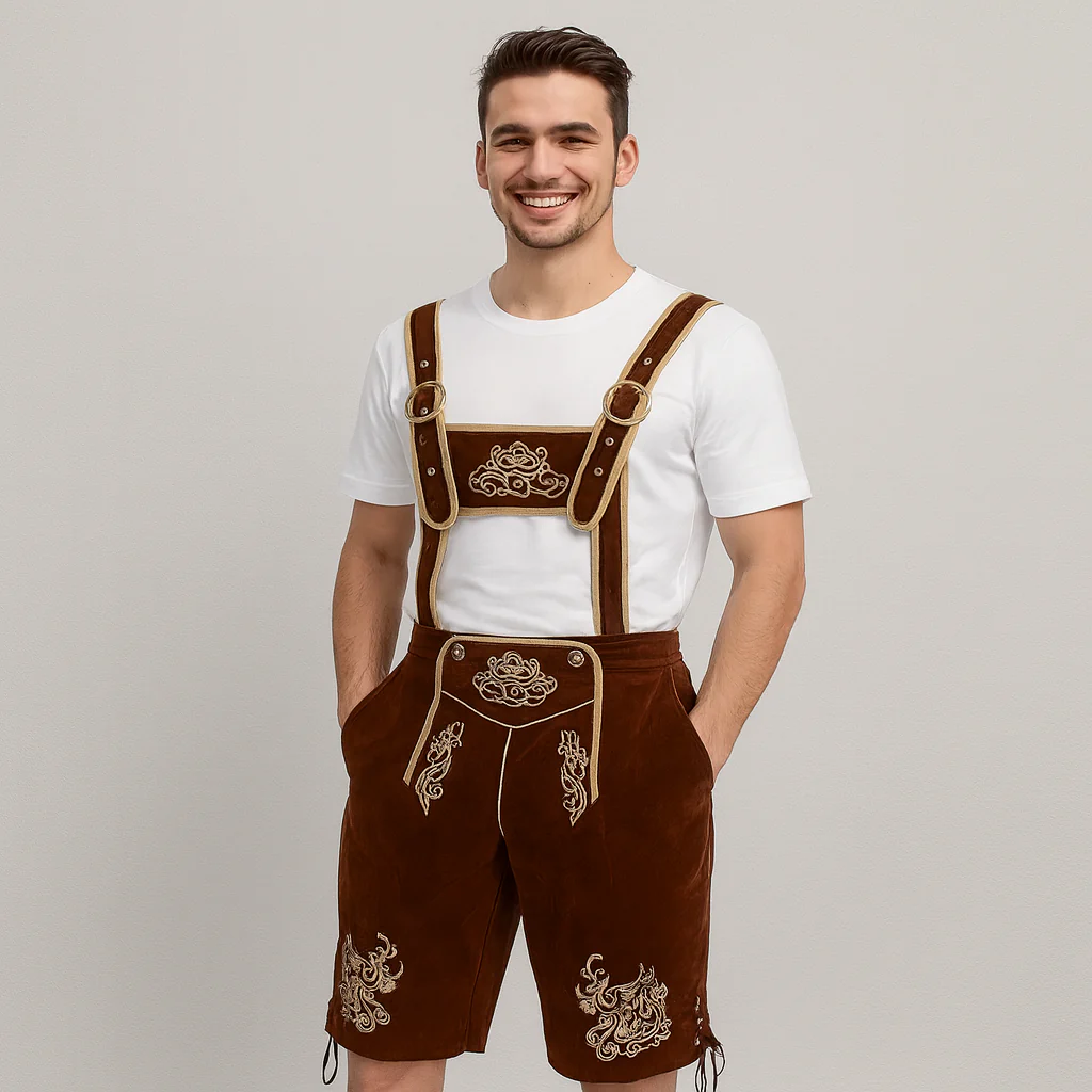 Oktoberfest Lederhose Herren – Bestickte Kurzhose in Braun mit Hosenträgern - Image 3