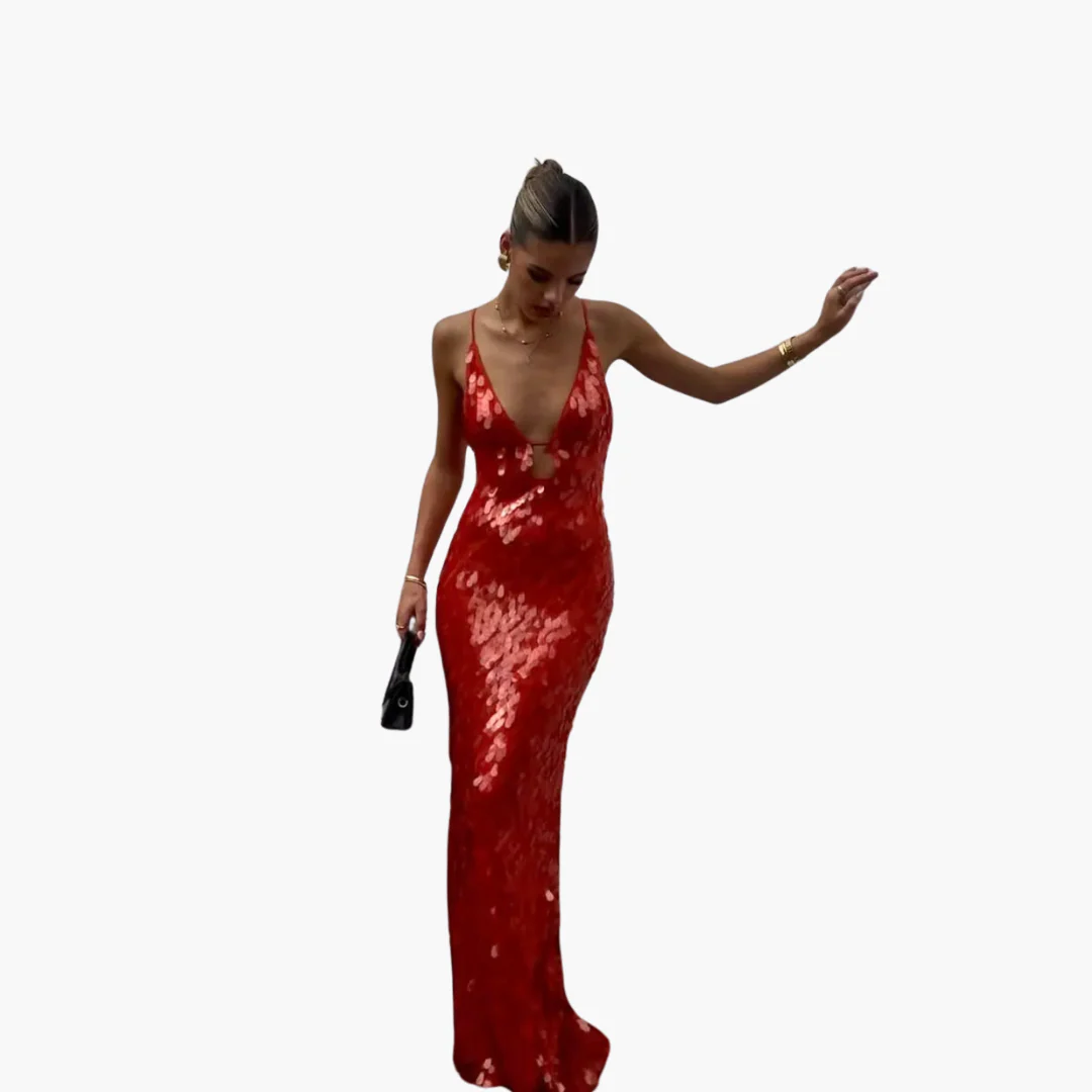 Pailletten Abendkleid für Damen - Maxi mit V-Ausschnitt - Image 4