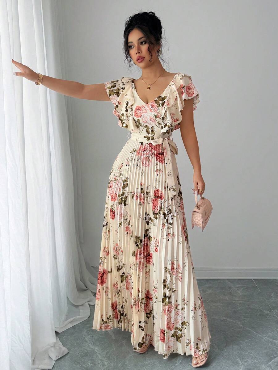 Paulina – V-Ausschnitt Damenkleid Mit Blumenprint Und Volant - Image 3